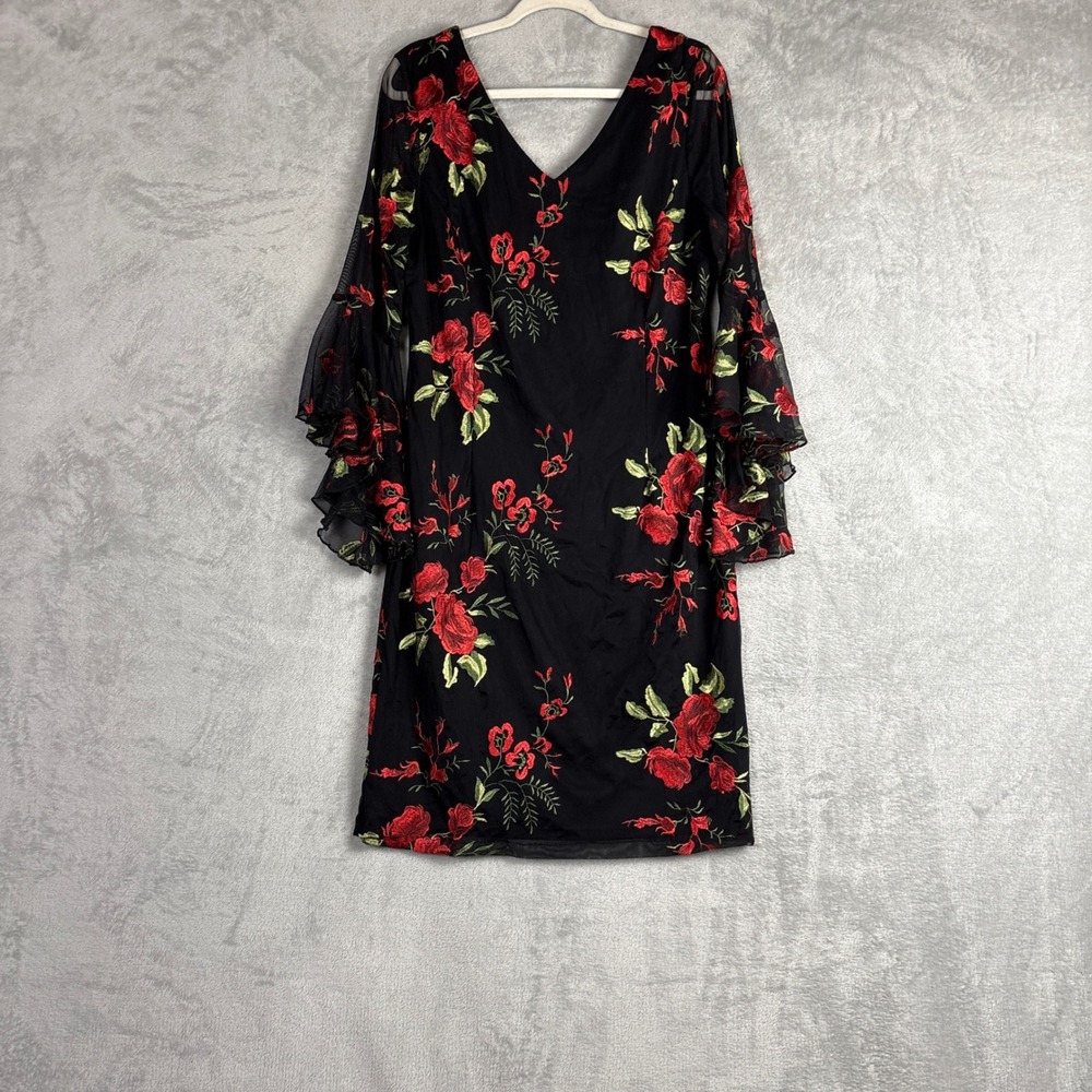 Frank Lyman Black Red Rose Embroidered Bell Sleeve Cocktail Dress 189174 Size 16